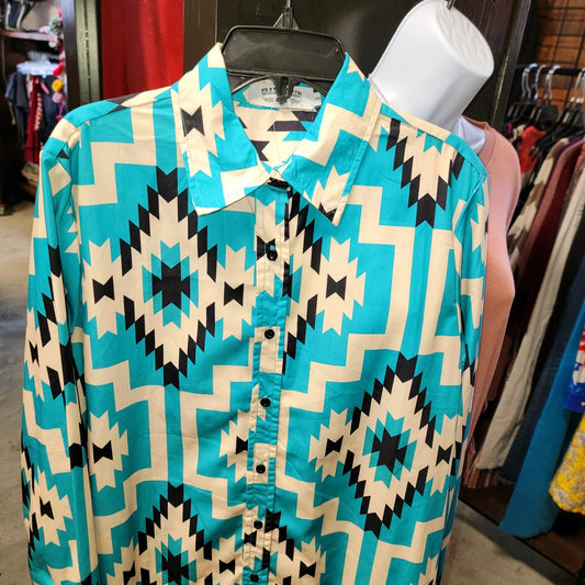 NWT Crazy Train S Sally Ride Turquoise Aztec Hi Low Button Down Duster Dress