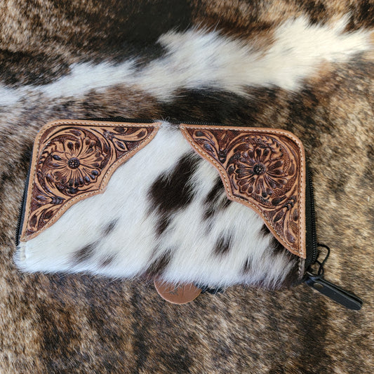 Black & White Leather Cowhide Wallet Tooled