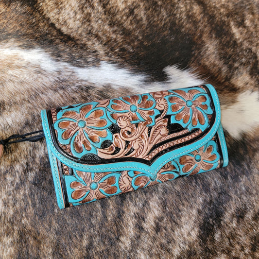 Flower Crest Leather Tooled Wallet Hand Crafted Hide