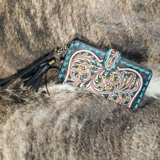 Santa Fe Leather Wallet Tooled Wristlet Strap