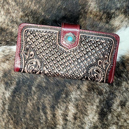 Wizzy Red Leather Wallet Tooled Wristlet Strap