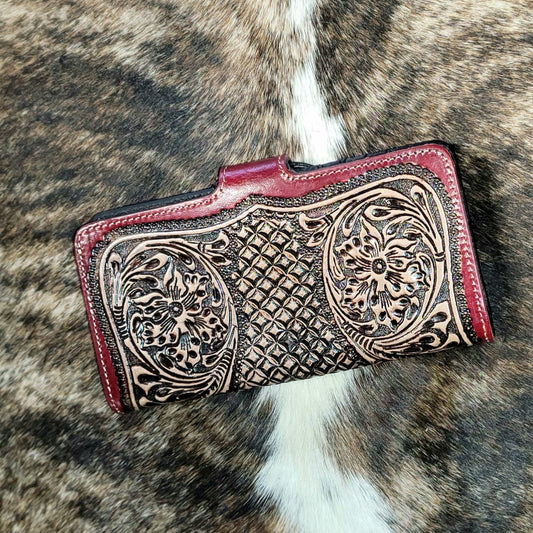 Wizzy Red Leather Wallet Tooled Wristlet Strap