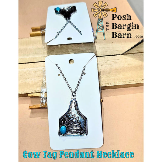NEW Turquoise Scrolled Cow Tag Flower Silver tone Necklace