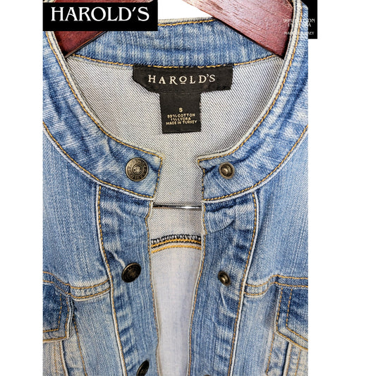 EUC Harold's Sz Small Denim Jean Jacket Cut Off Vest Snap Front 1980s Classic