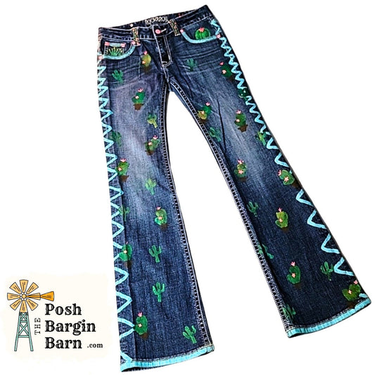 RODEO QUEEN JEANS Rock & Roll Youth 14 Hand Painted Cactus Horse Show Riding Pant