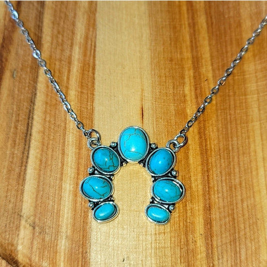Turquoise Squash Blossom Silvertone Necklace
