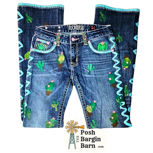 RODEO QUEEN JEANS Rock & Roll Youth 14 Hand Painted Cactus Horse Show Riding Pant