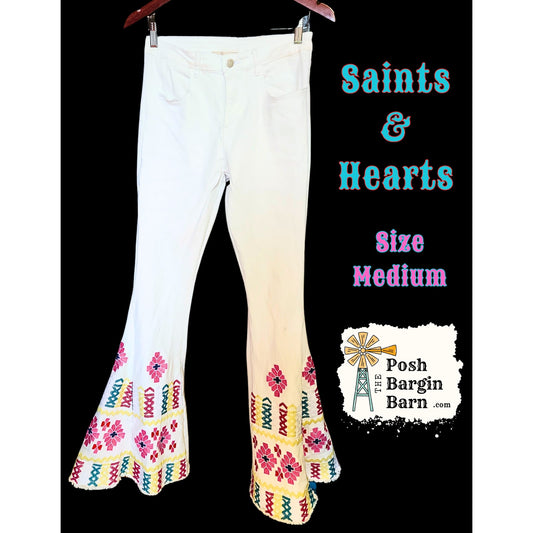 Saints & Hearts Embroidered Flares, size Medium White Colorful Aztec Embroidery