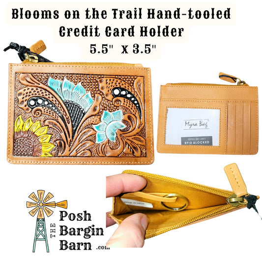 Genuine leather card holder  Holds multiple card, & offers a mid open design with zipper closure coin pouch.  Measures 5.5" x 3.5"  Western Cowgirl, Great Gift idea for that Busy Person in you Life! 