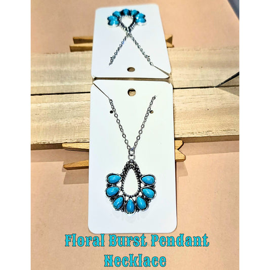 NEW Turquoise Floral Burst Silver tone Necklace