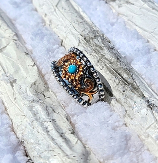 S925 Antique Cowgirl Western Ring Scroll Tooled Rope Turquoise Floral 