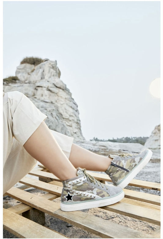 Comfy Womfy Camo Leather Studded Sneakers