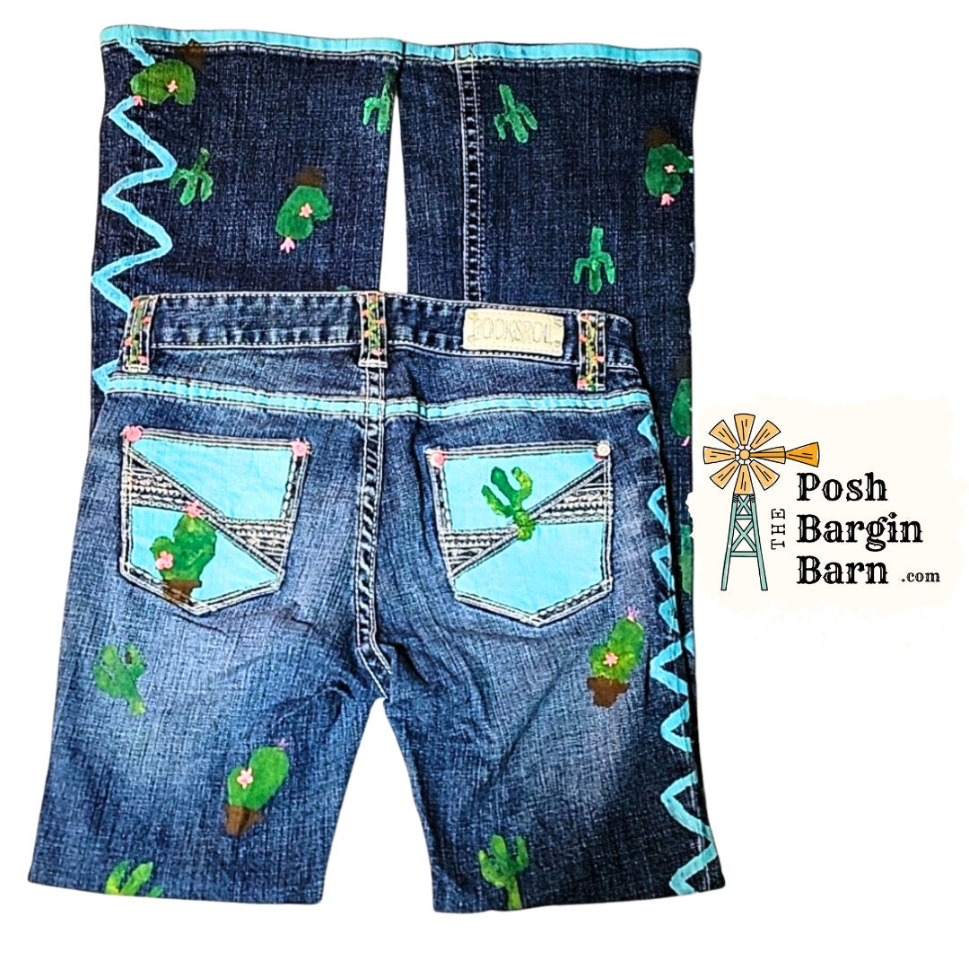 RODEO QUEEN JEANS Rock & Roll Youth 14 Hand Painted Cactus Horse Show Riding Pant