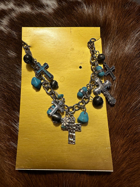 Chunky Turquoise, Cross & Black Beaded Bracelet