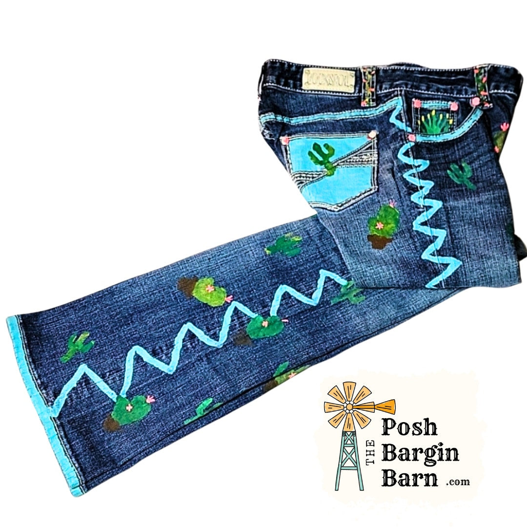 RODEO QUEEN JEANS Rock & Roll Youth 14 Hand Painted Cactus Horse Show Riding Pant