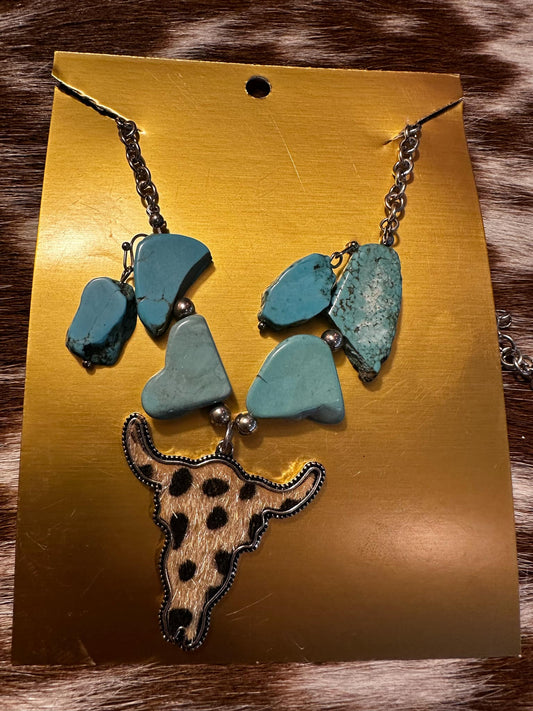 Cowhide Skull & Turquoise Stone Necklace