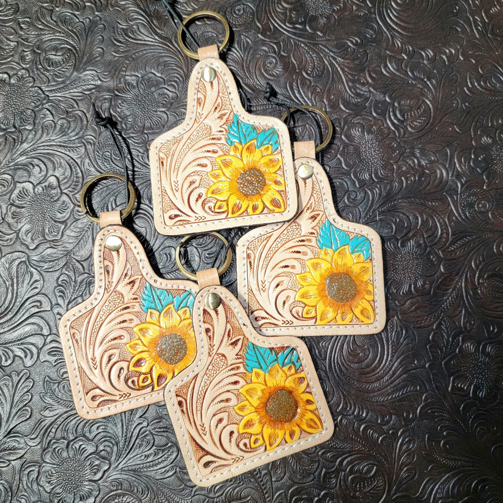 Genuine Leather Tooled Keychains Sunflowers Fishing Floral