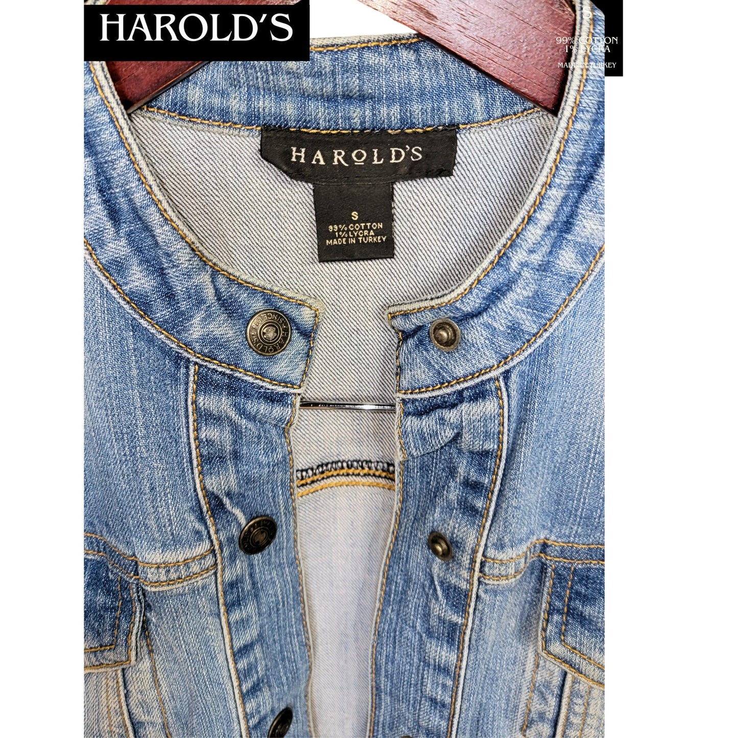 EUC Harold's Sz Small Denim Jean Jacket Cut Off Vest Snap Front 1980s Classic