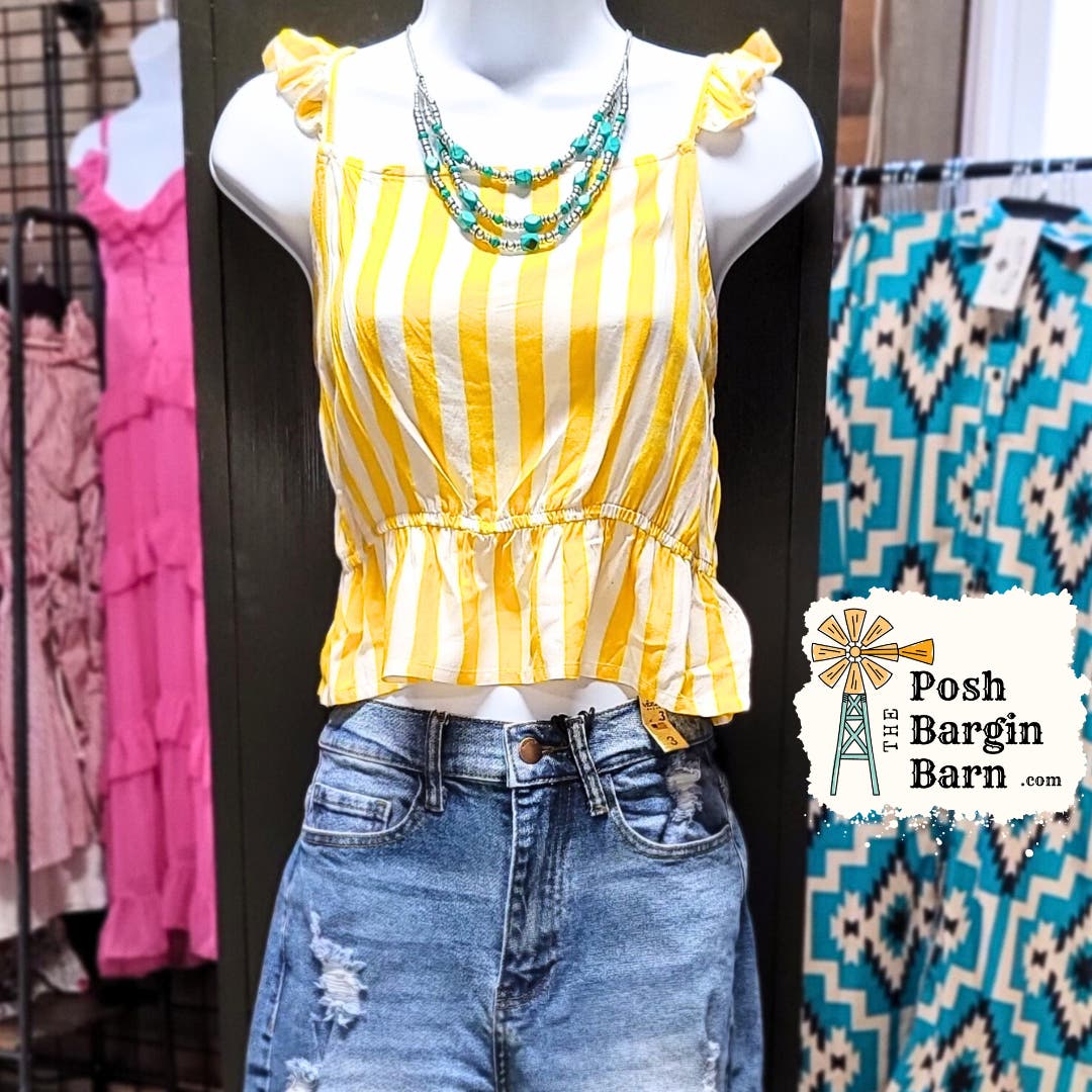 Striped Yellow Blouse Ruffled Tank Shirt Super Soft Rayon