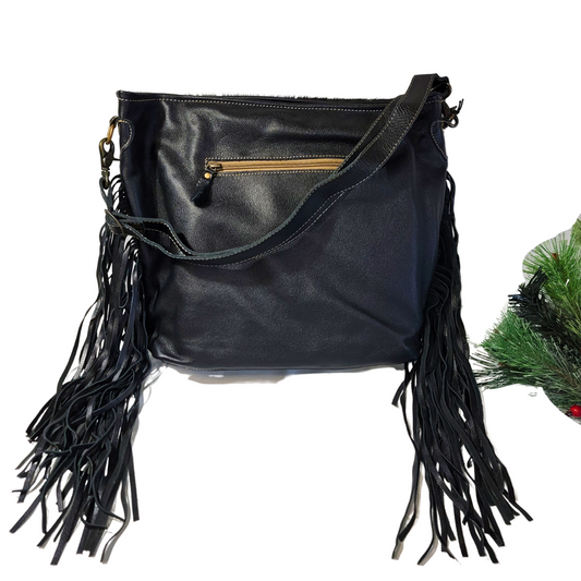 Leather Handbag w/ Hair-on-Hide Flap and Hoop Tassel Accent 510n