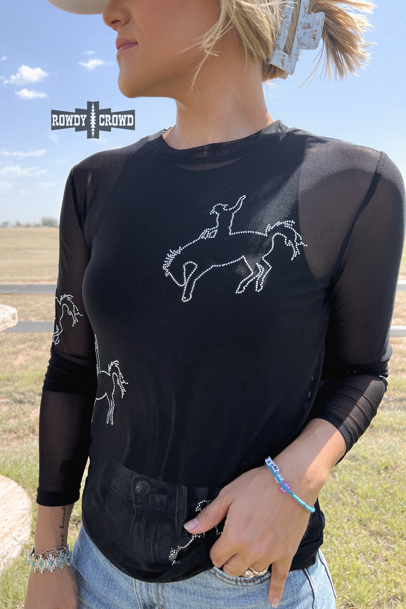 Bronc & Roll Mesh Top Black Long Sleeve Rhinestones 5