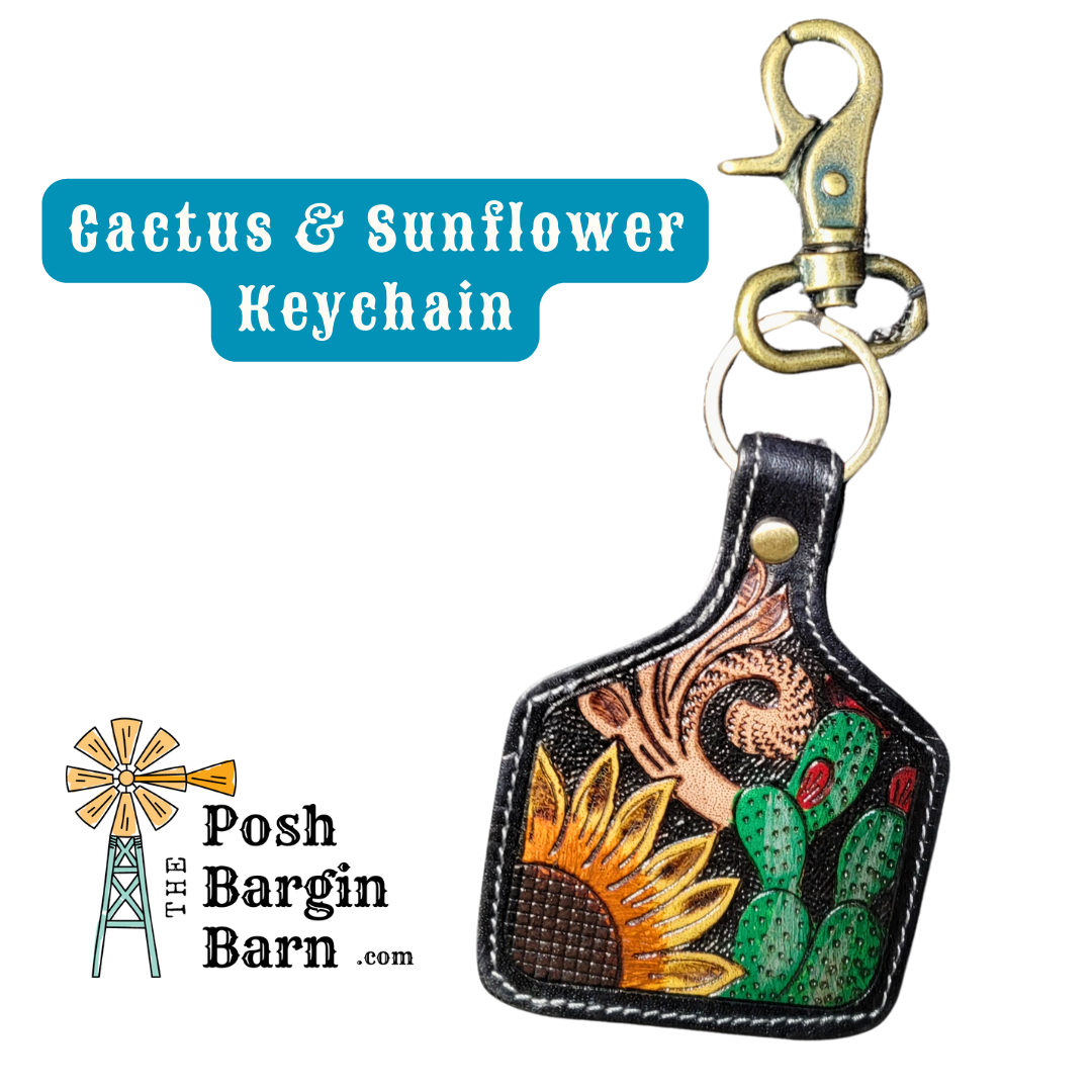 Genuine Leather Tooled Keychains Sunflowers Fishing Floral Cactus