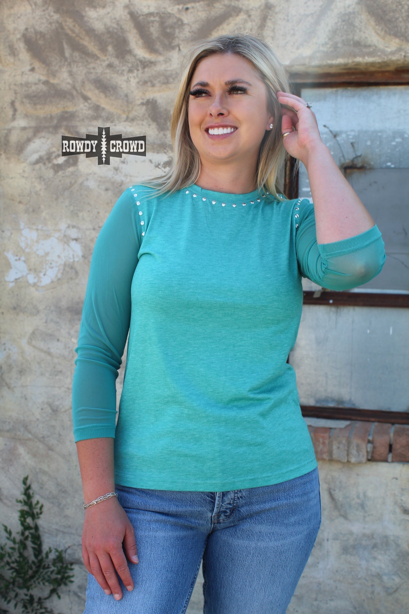 Stevie Stud Turquoise Mesh Sleeve Top