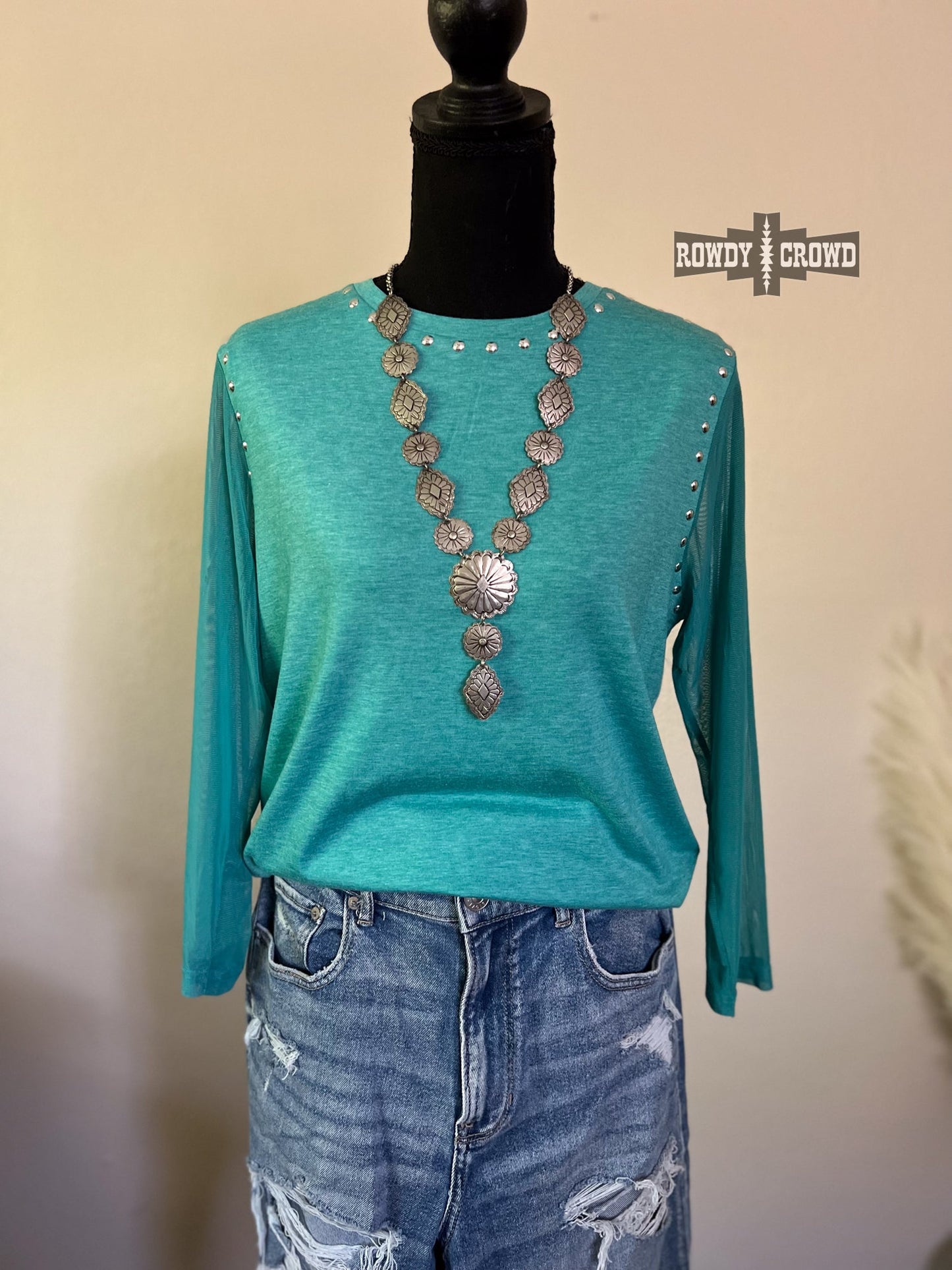 Stevie Stud Turquoise Mesh Sleeve Top