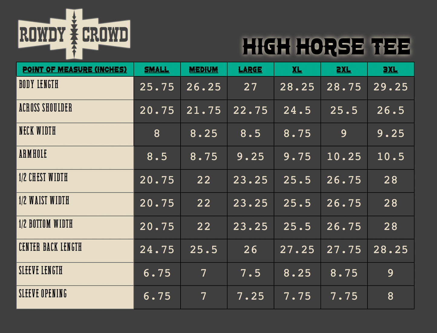 High Horse Tee Bucking Cowboy & Cactus Size Chart