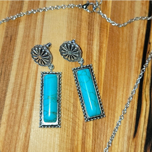 Turquoise Bar 3pc Silvertone Necklace & Earrings Set