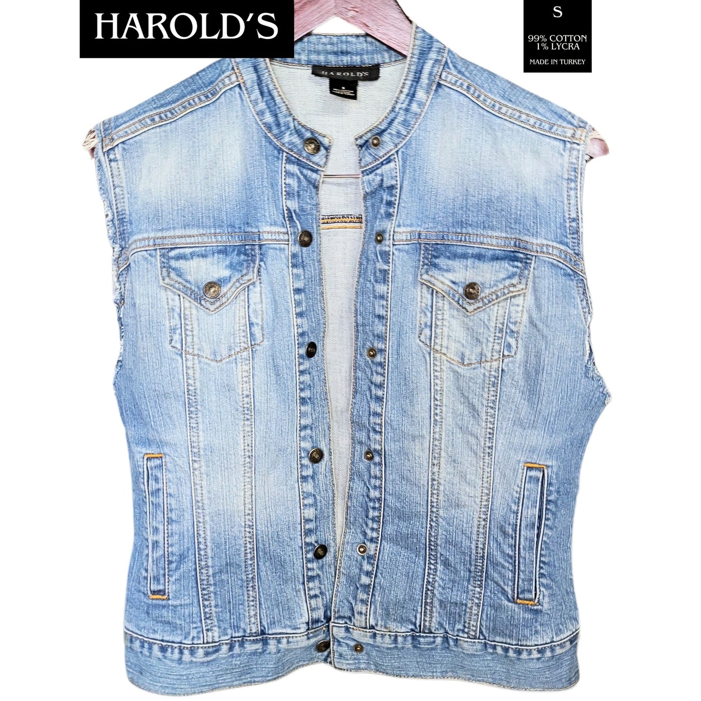 EUC Harold's Sz Small Denim Jean Jacket Cut Off Vest Snap Front 1980s Classic