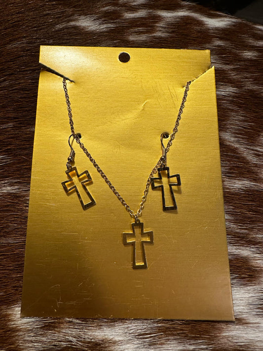 Gold Cross Necklace & Earrings Set