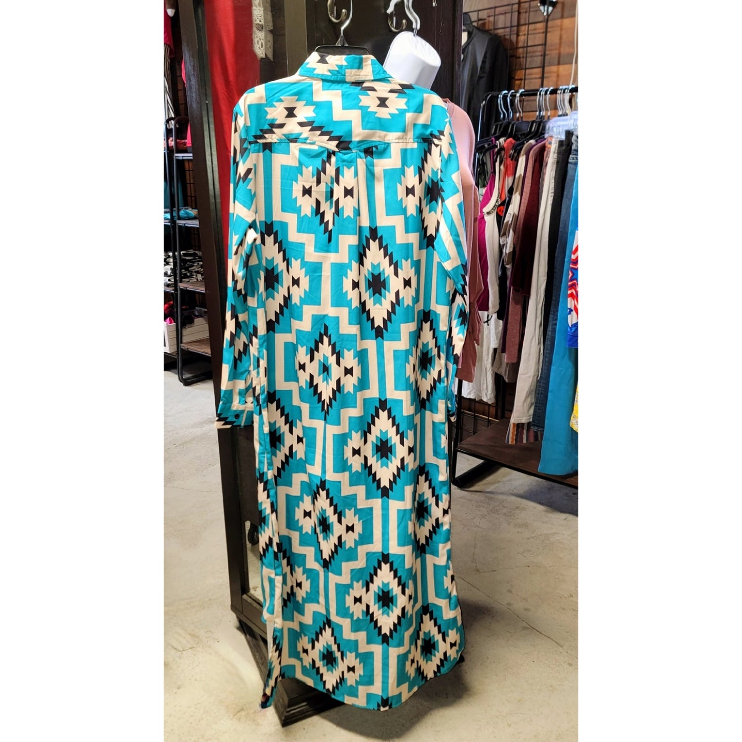 NWT Crazy Train S Sally Ride Turquoise Aztec Hi Low Button Down Duster Dress