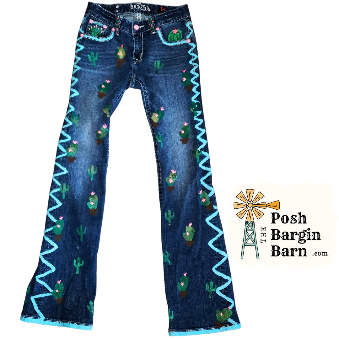 RODEO QUEEN JEANS Rock & Roll Youth 14 Hand Painted Cactus Horse Show Riding Pant