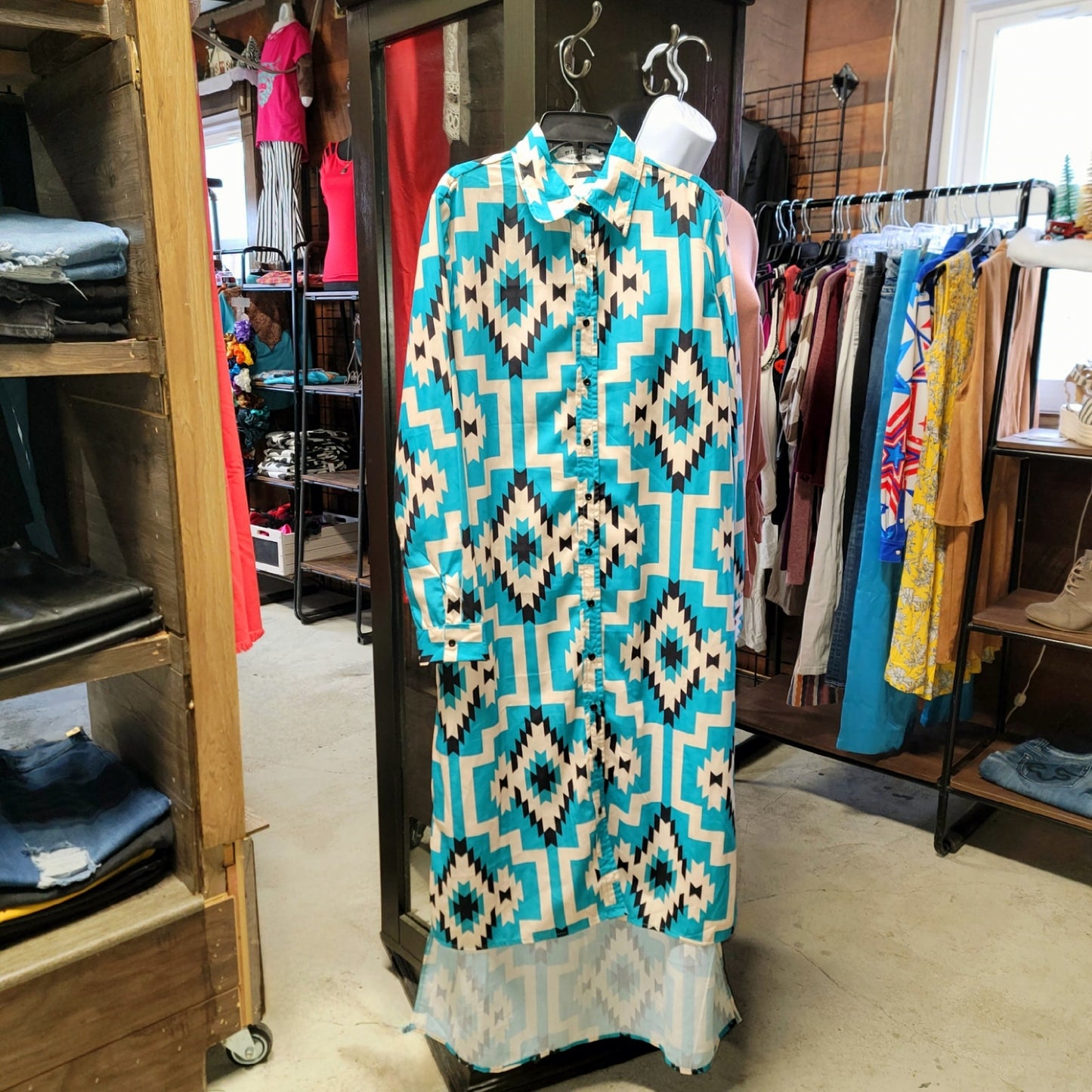 NWT Crazy Train S Sally Ride Turquoise Aztec Hi Low Button Down Duster Dress