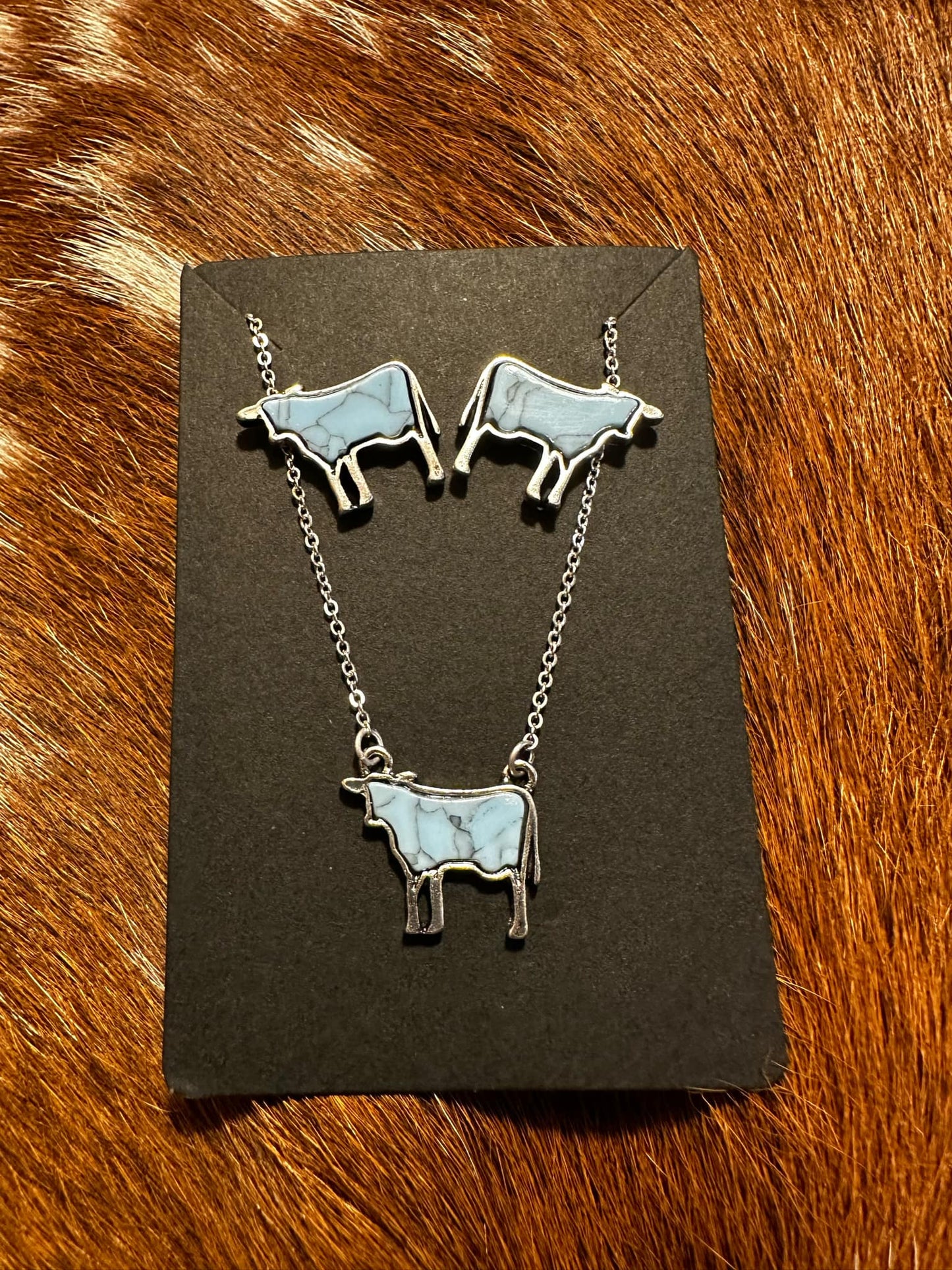 Turquoise Cow Necklace & Earrings Set