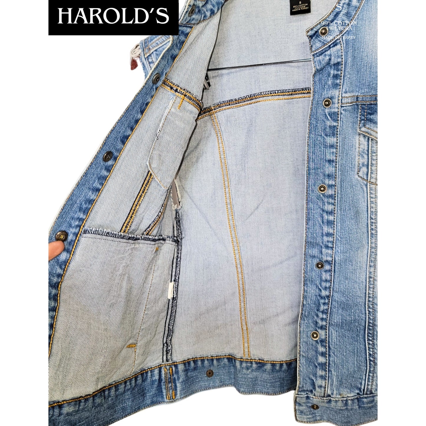 EUC Harold's Sz Small Denim Jean Jacket Cut Off Vest Snap Front 1980s Classic