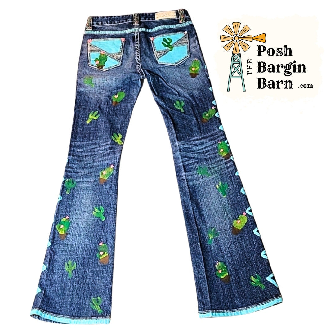 RODEO QUEEN JEANS Rock & Roll Youth 14 Hand Painted Cactus Horse Show Riding Pant