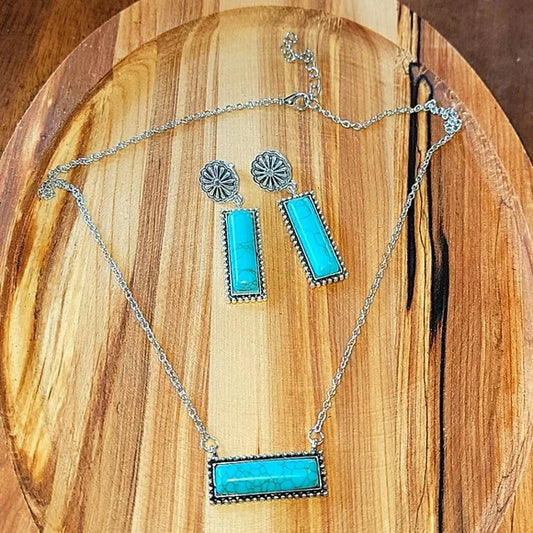 Turquoise Bar 3pc Silvertone Necklace & Earrings Set