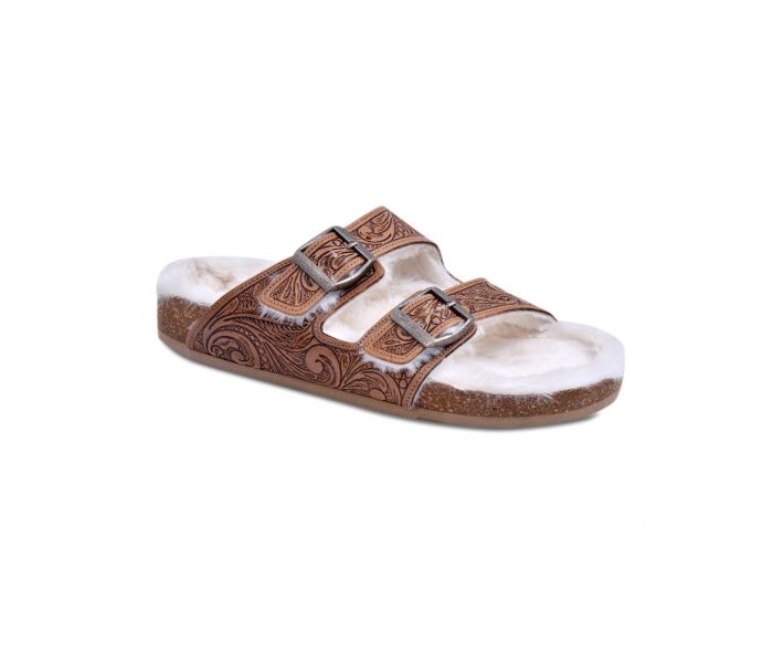 Trail Winder Hand-tooled Fur Comfort Leather Sandals