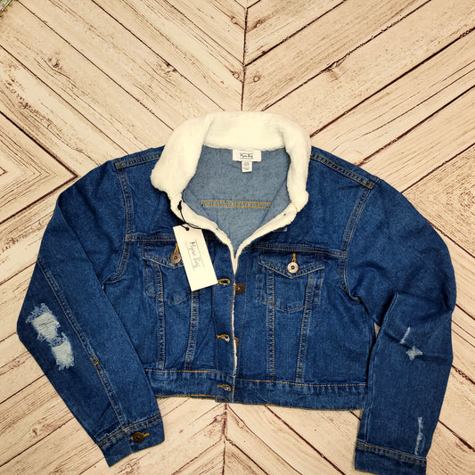 Jean Jacket Sherpa Collar Cropped Distressed Denim