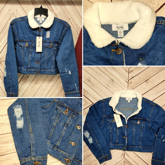 Jean Jacket Sherpa Collar Cropped Distressed Denim