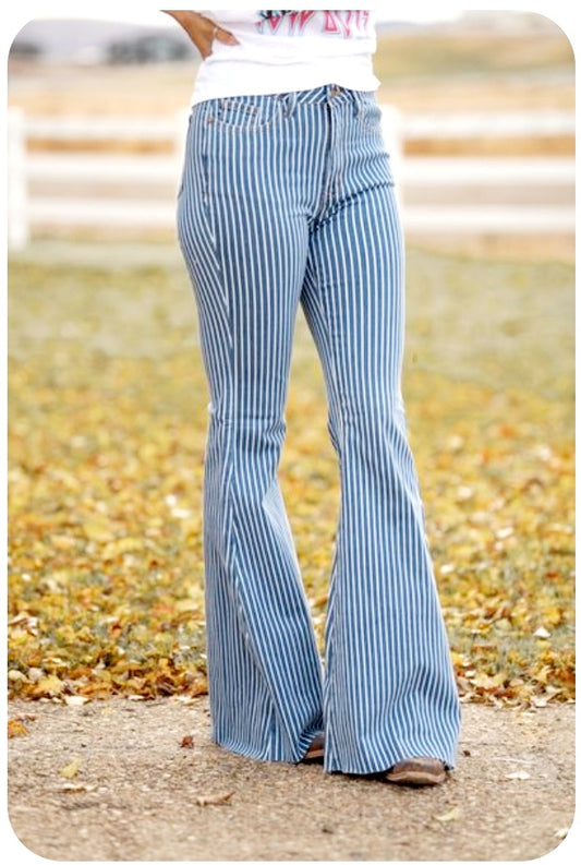 Blue White Stripe Bell Flare Jeans 