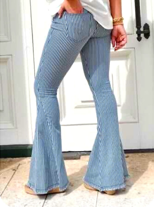 Blue White Stripe Bell Flare Jeans 