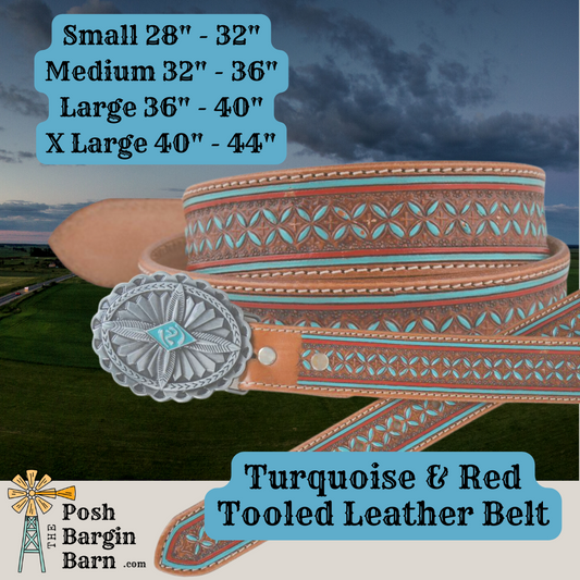 Copy of Ladies Western Tooled Turquoise & Red Leather Belt