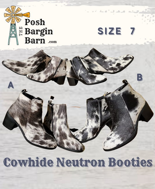 Cowhide Neutron Booties Western Heel Black & White Fur