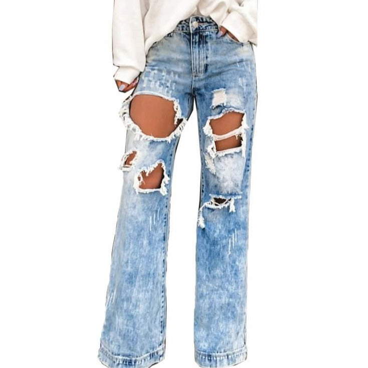 High Waist Mom Ripped Flare Acid Wash Jeans 