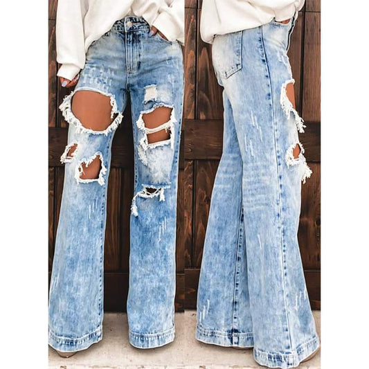 High Waist Mom Ripped Flare Acid Wash Jeans 