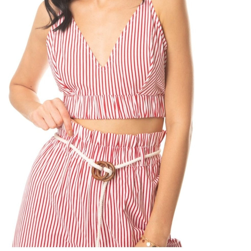 Scarlet Striped Set Loose Ruffle Goucho Pants & matching Crop Top with Smocking