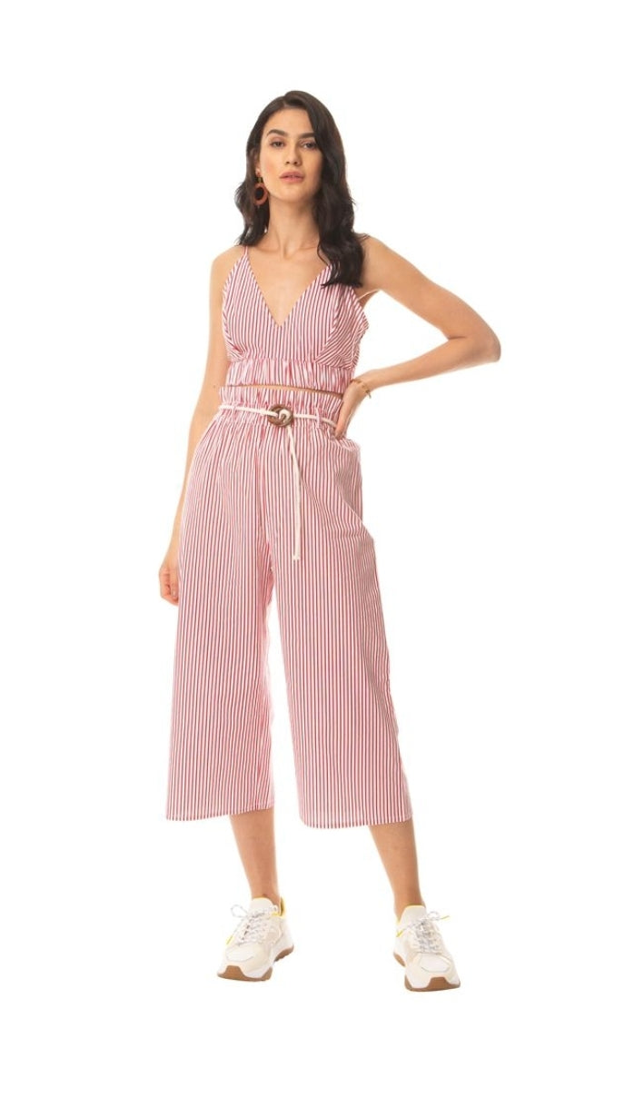 Scarlet Striped Set Loose Ruffle Goucho Pants & matching Crop Top with Smocking